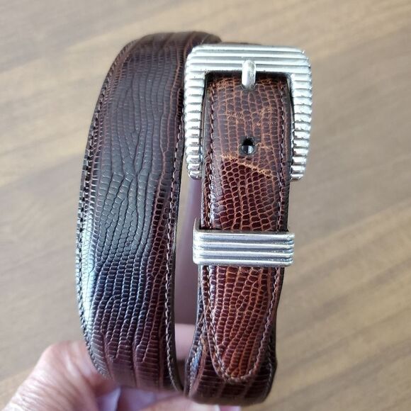 Vintage BRIGHTON Womens Brown Leather Reptile Embossed Belt 34". 38" long. 33.5" - Picture 2 of 12
